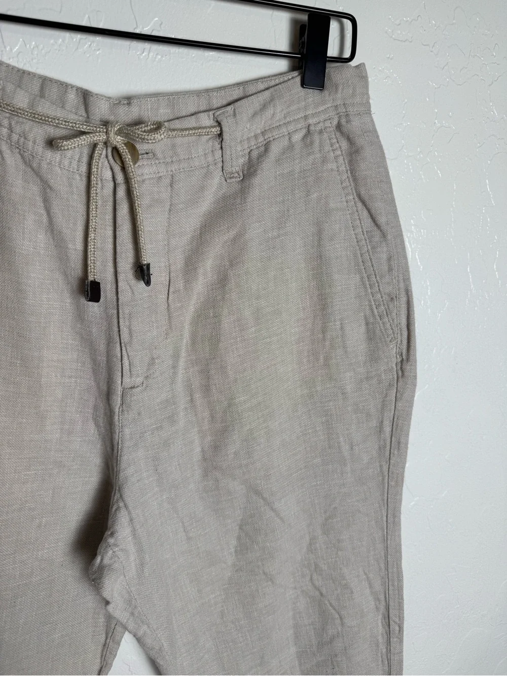 Zara Men’s Beige Linen Blend Tapered Straight Slim Drawstring Trousers